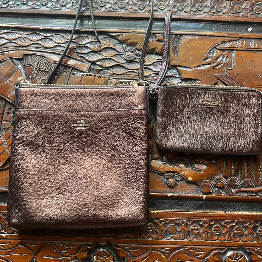 Coach Bronze Crossbody with matching double zip wristlet